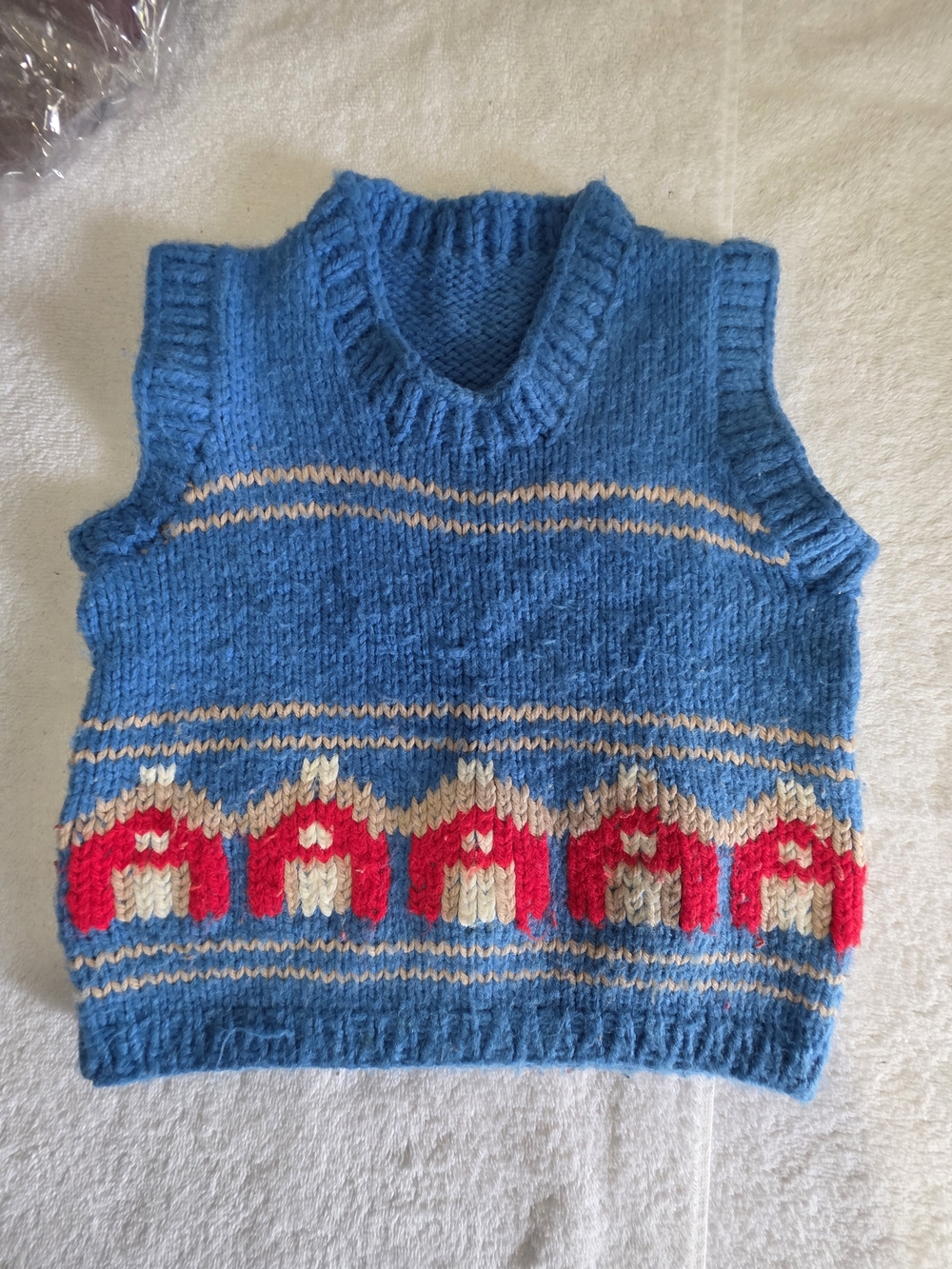 Hand-Knit Blue Sleeveless Sweater Vest with Red House Motif